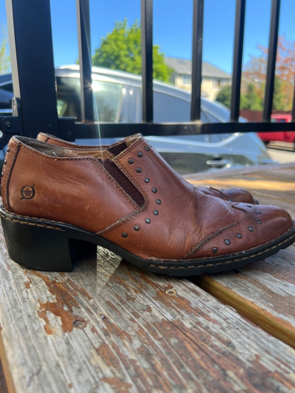 Born Men’s Tan/Brown Leather Slip-On Loafers with Stud Accents